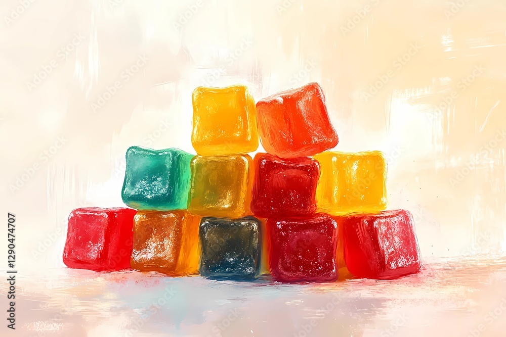 Colorful gummy candies arranged in a vibrant composition, showcasing various shapes and flavors, perfect for confectionery branding and advertisements, book illustration style Colorful gummy candies arranged in a vibrant composition, showcasing various shapes and flavors, perfect for confectionery branding and advertisements, book illustration style
