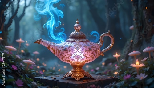 Magical golden genie lamp with glowing blue smoke in enchanted forest surrounded by mystical flower photo