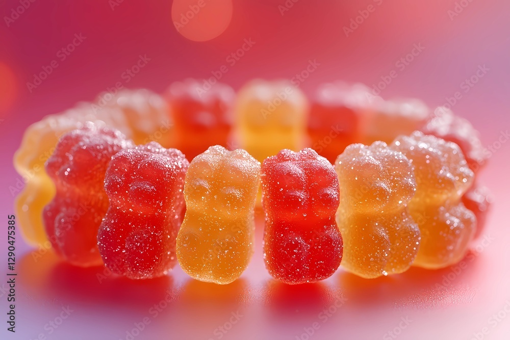 Colorful gummy candies arranged in a vibrant composition, showcasing various shapes and flavors, perfect for confectionery branding and advertisements, book illustration style Colorful gummy candies arranged in a vibrant composition, showcasing various shapes and flavors, perfect for confectionery branding and advertisements, book illustration style