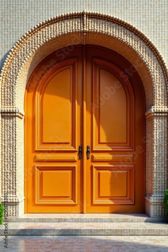 Massive orange & white circular door, intricate design , bold, circle, vibrant