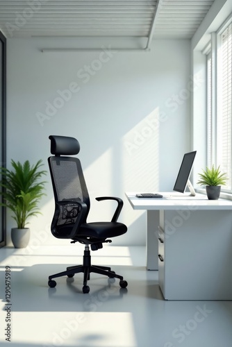 Sleek black chair at a pristine white desk in a vast office , chair, professional, business