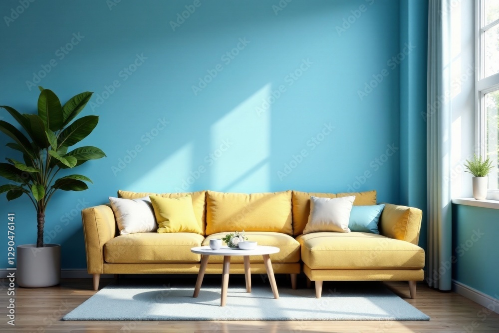 Fototapeta premium Soft blue wall, comfy seating area, natural light, house, relaxed, contemporary