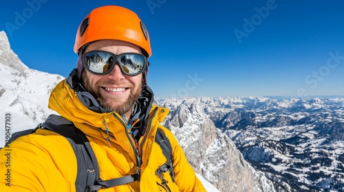 Wallpaper Mural A smiling climber in an orange helmet and yellow jacket enjoys a breathtaking mountain view, showcasing the thrill of winter sports and adventure. Torontodigital.ca