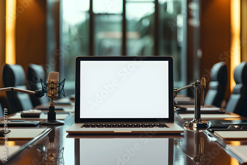A blank laptop screen mockup in front of a microphone on a high-end boardroom table.