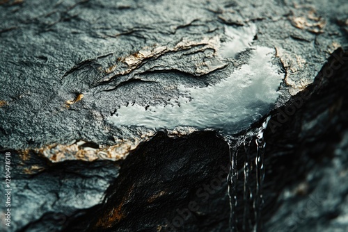 Water trickles down a dark, textured rock surface, creating a small pool.