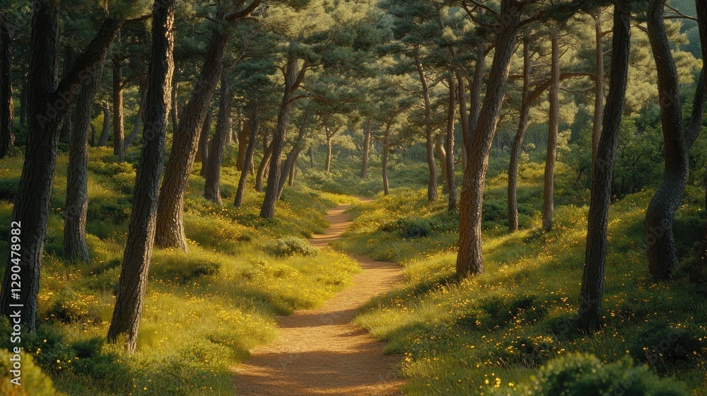 Fototapeta premium Sunlit forest path winding through tall pines