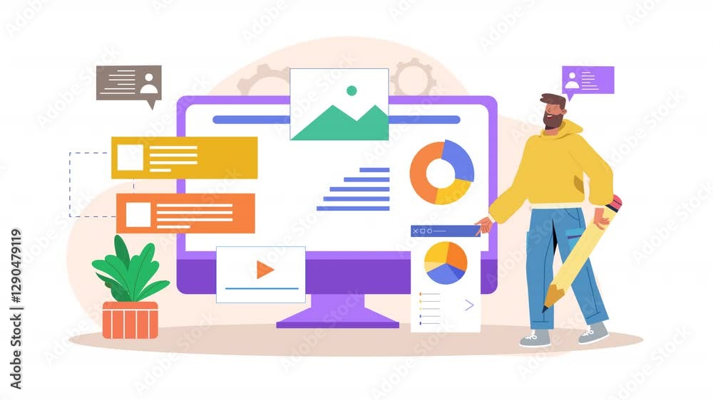 Flat character scene animation showcasing a web designer working on a website, collaborating with clients, and adjusting website elements to create a user-friendly experience.