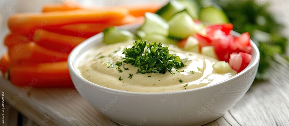 Fresh colorful vegetables including carrots, tomatoes, cucumbers served with horseradish sauce in a bowl on a white wooden table setting Fresh colorful vegetables including carrots, tomatoes, cucumbers served with horseradish sauce in a bowl on a white wooden table setting