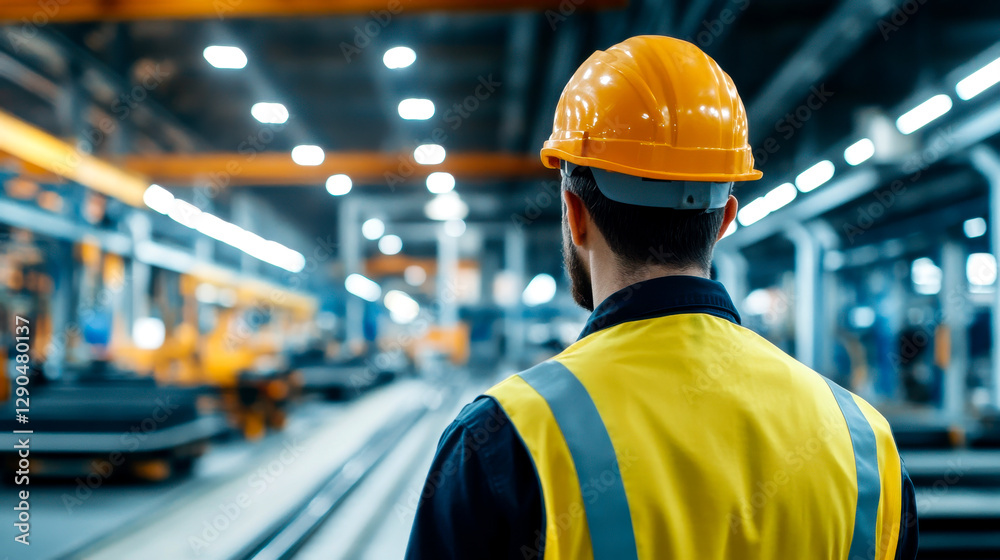 A construction worker in a hard hat and safety vest observes a busy industrial space filled with machinery and equipment. A construction worker in a hard hat and safety vest observes a busy industrial space filled with machinery and equipment.