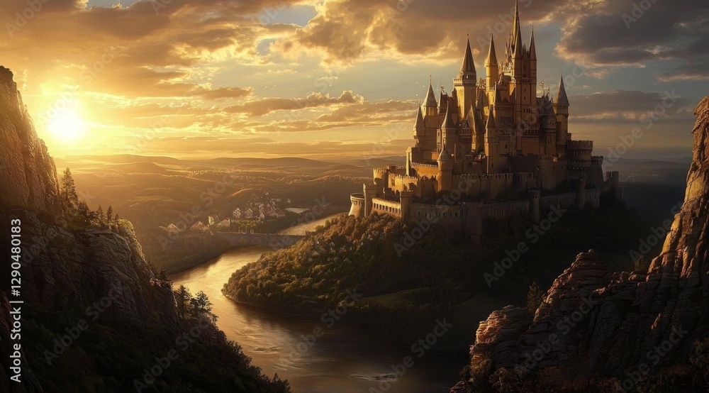 Naklejka premium Exquisite landscape showcasing a castle illuminated by the sun.