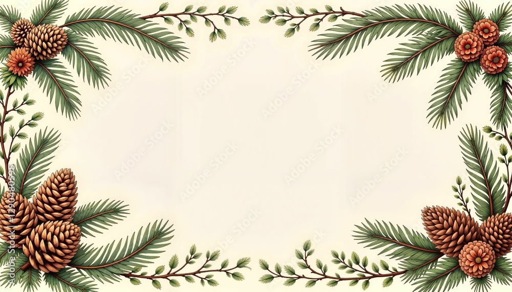 Naklejka premium Elegant botanical winter wedding border with pinecones and greenery, festive charm