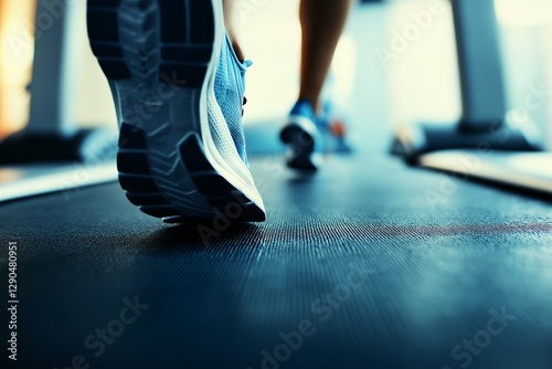 Close-up of a jogger's shoes running on a treadmill in a gym setting