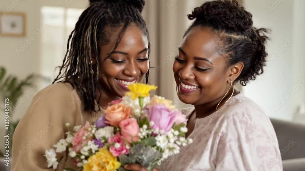 Young African American daughter surprising her mother at home with flowers on mother's day, making her feel important and bonding with her Young African American daughter surprising her mother at home with flowers on mother's day, making her feel important and bonding with her