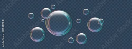 Soap bubbles different sizes on a dark transparent background. Realistic rainbow effect on shampoo and shower gel foam. Glare and reflexes on flying air bubbles. Vector illustration