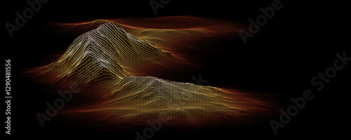Visualizing temperature on landscape using a heat map on 3D grid terrain. Copy space. Isolated on black background. 3d illustration.