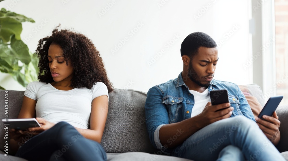 Relationship tension in a small apartment with a couple sitting on a couch. Featuring silent discontent and emotional isolation Relationship tension in a small apartment with a couple sitting on a couch. Featuring silent discontent and emotional isolation
