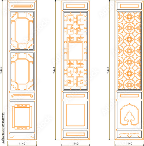 vector sketch silhouette illustration of classic ethnic traditional vintage sliding door detail design with size scale