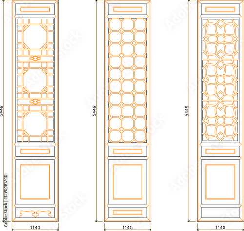 vector sketch silhouette illustration of classic ethnic traditional vintage sliding door detail design with size scale