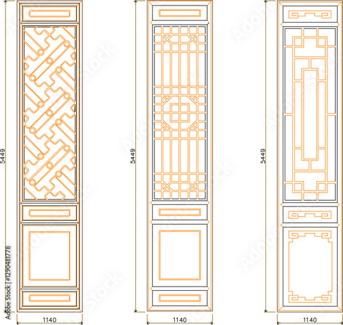 vector sketch silhouette illustration of classic ethnic traditional vintage sliding door detail design with size scale