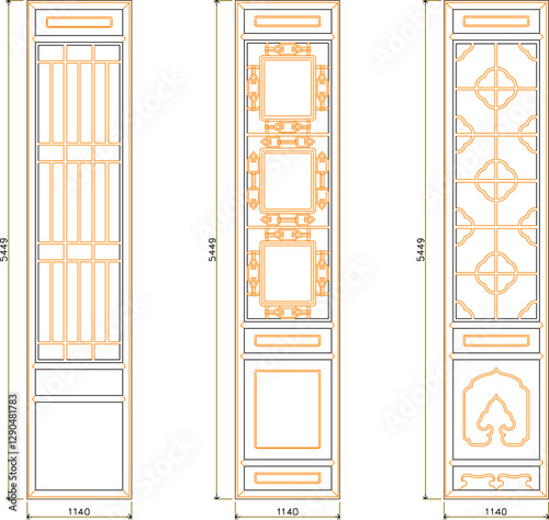 vector sketch silhouette illustration of classic ethnic traditional vintage sliding door detail design with size scale