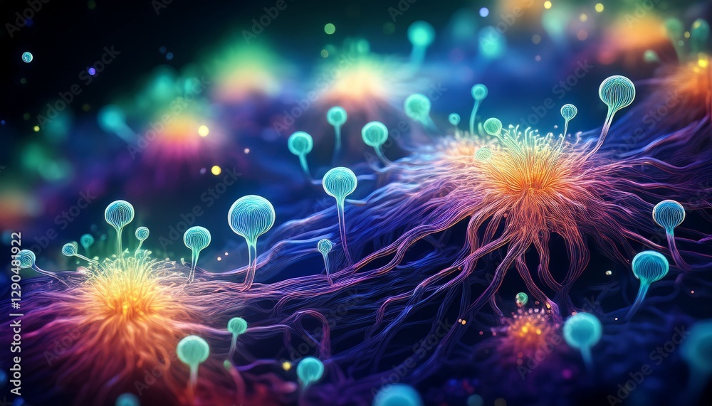 Fototapeta premium Close-up of glowing bioluminescent bacteria resembling tiny galaxies, emitting soft, ethereal light and creating mesmerizing, star-like patterns.