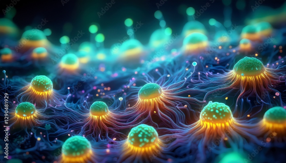 Fototapeta premium Close-up of glowing bioluminescent bacteria resembling tiny galaxies, emitting soft, ethereal light and creating mesmerizing, star-like patterns.