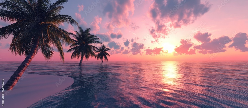 Tranquil tropical beach at sunset with silhouetted palm trees against a pink sky reflected on calm ocean waters creating a serene atmosphere Tranquil tropical beach at sunset with silhouetted palm trees against a pink sky reflected on calm ocean waters creating a serene atmosphere