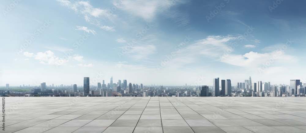 Panoramic city skyline with a blue sky backdrop featuring a wide concrete square floor in the foreground providing ample copy space for text Panoramic city skyline with a blue sky backdrop featuring a wide concrete square floor in the foreground providing ample copy space for text