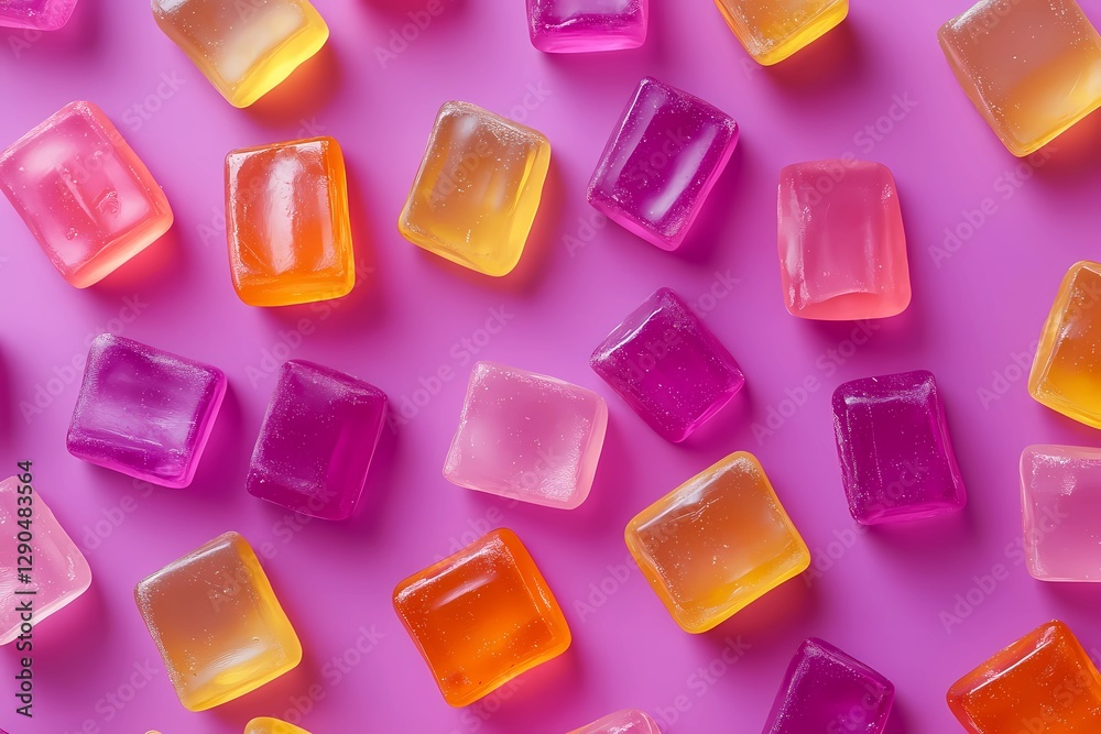 Assorted gummy sweets in a close-up view, highlighting the sugar-coated texture and bright colors, ideal for packaging and promotional designs, comic book style