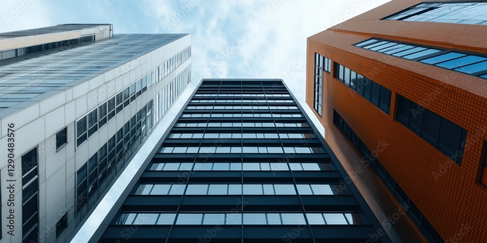 Fototapeta premium Upward view of modern skyscrapers against a cloudy sky