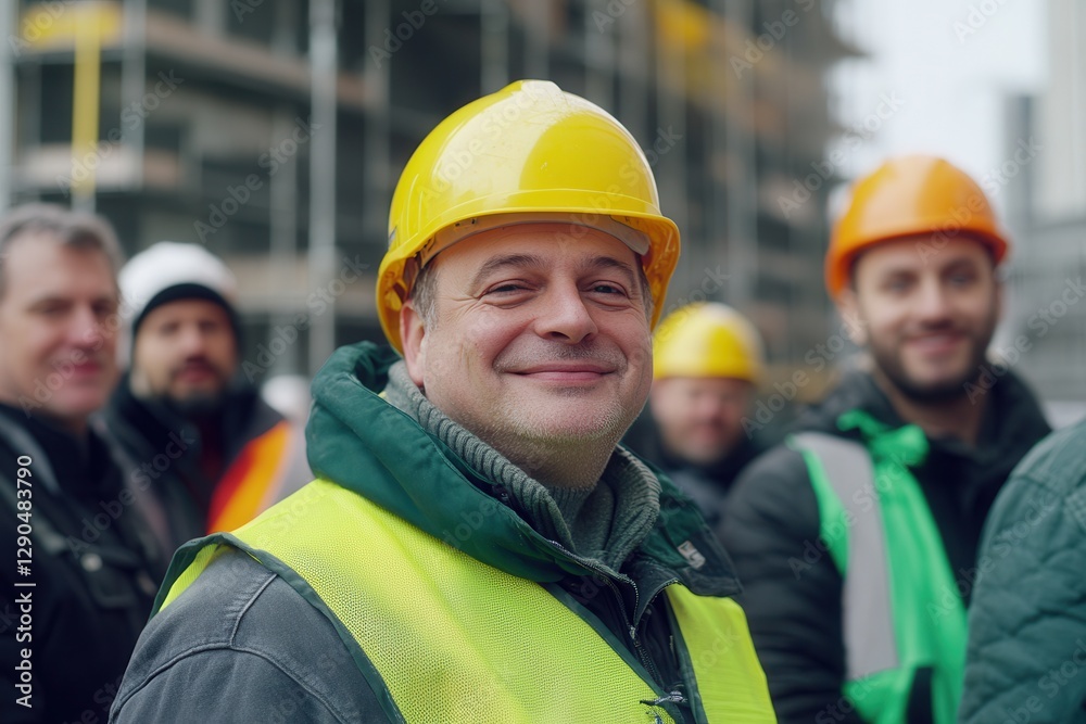 Smiling construction workers wearing hard hats and safety vests are standing together at a construction site Smiling construction workers wearing hard hats and safety vests are standing together at a construction site