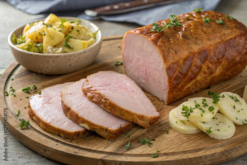 Close-up of traditional German dish Leberkäse served with potato salad and fried egg on a white plate. Perfect image for restaurant menus, food blogs and German food advertising.