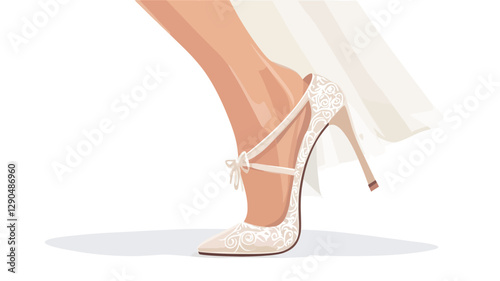 A close-up vector illustration of a woman's elegant white high-heeled shoe with a pointed toe and a delicate bow detail on the ankle strap. The shoe is depicted with a portion of a woman��s