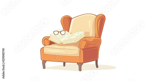 A digital illustration depicts an orange and beige wingback armchair.  The chair is upholstered and has a curved back and armrests. A cream-colored pillow with a folded book and a pair of