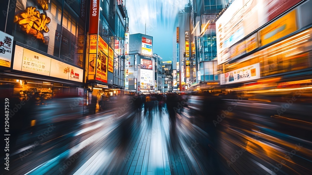 Obraz premium Blurred Motion in a Vibrant Japanese City at Night with Neon Lights and Advertisements