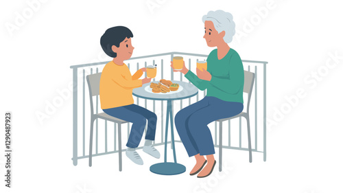 An illustration depicting a grandmother and her young grandson sitting at a small round table on a balcony.  They are both seated on chairs behind a metal railing. They appear to be