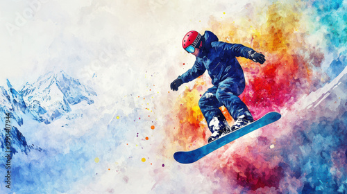 snowboarder in colorful gear jumps against vibrant mountain backdrop