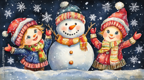 Children joyfully building snowman in snowy winter scene