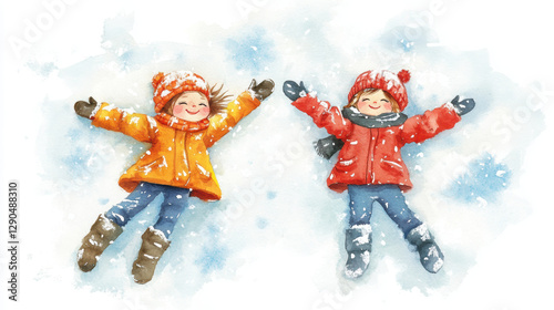 Kids making snow angels in winter clothing, smiling joyfully in snow