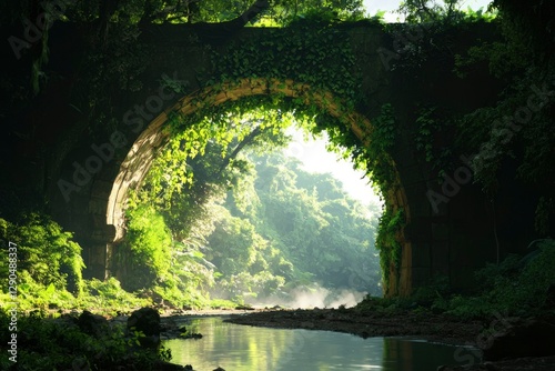 Obraz na płótnie Ancient stone bridge covered in vines over river; light streams through jungle; travel w salonie