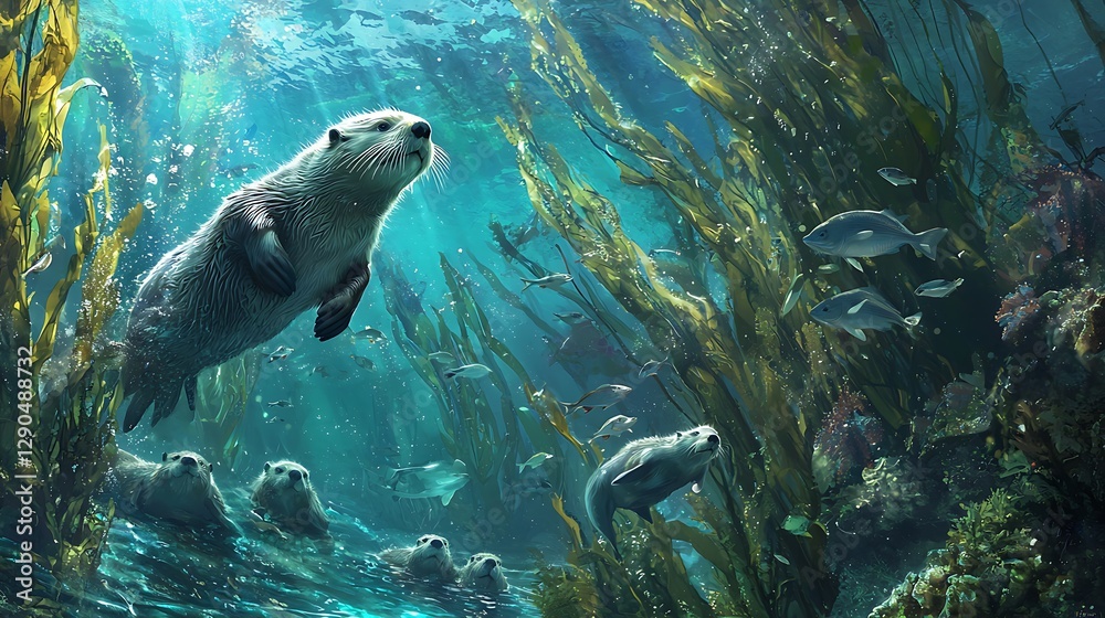 Fototapeta premium Underwater Scene with Playful Sea Otters Surrounded by Vibrant Kelp Forest and Marine Life