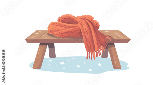 Digital illustration depicting a  rustic wooden bench with a loosely folded orange knitted scarf resting on top. The bench sits on a snowy surface, indicated by small white dots