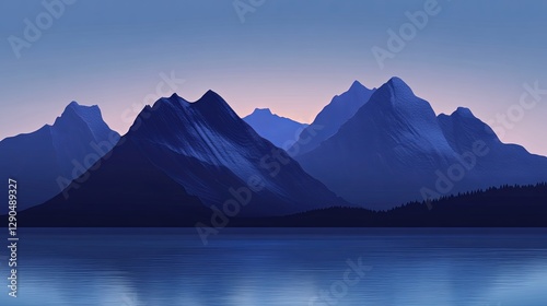 Fototapeta Naklejka Na Ścianę i Meble -  A serene mountain range with glowing light outlining the peaks under a soft blue sky. picture