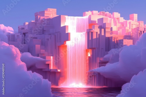 Artificial waterfall cascades in an surreal cubist city during sunset, fantasy art