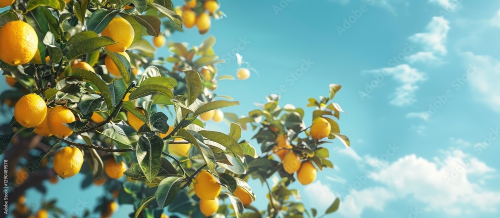Vibrant lemon tree with ripe lemons in foreground against a clear blue sky and fluffy clouds ideal for copy space and nature themed designs Vibrant lemon tree with ripe lemons in foreground against a clear blue sky and fluffy clouds ideal for copy space and nature themed designs