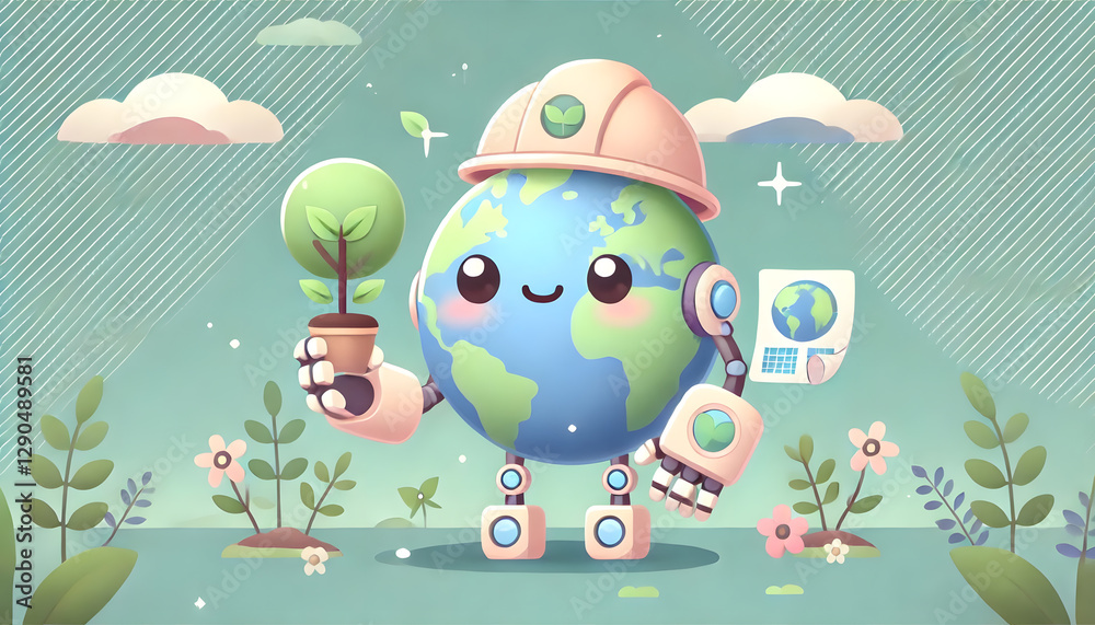 Naklejka premium Earth day concept. Cartoon mascot character. Cute Cartoon Illustration of Planet Earth. Earth Day celebration and Climate Awareness