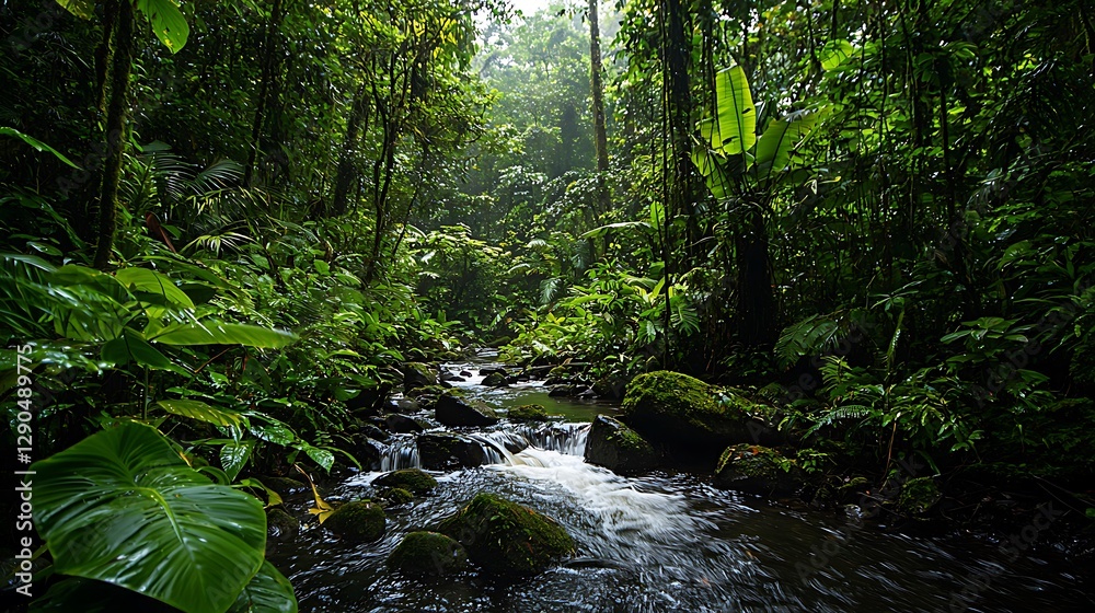 Serene Tropical Rainforest Landscape with Flowing Stream and Lush Green Foliage Serene Tropical Rainforest Landscape with Flowing Stream and Lush Green Foliage