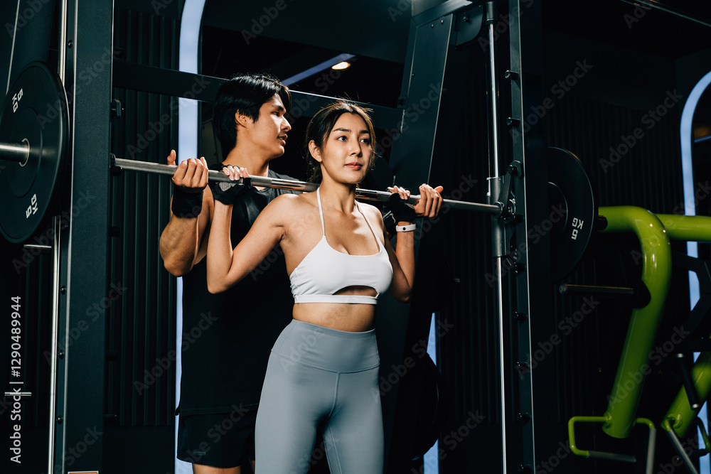 Asian woman guy a squat exercise legs heavy weights with a barbell with the assistance of a trainer in gym interior, Man doing training lifting barbell to female at fitness gym center, sport workout Asian woman guy a squat exercise legs heavy weights with a barbell with the assistance of a trainer in gym interior, Man doing training lifting barbell to female at fitness gym center, sport workout