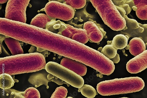 Microscopic image of bacteria cells in various shapes and colors