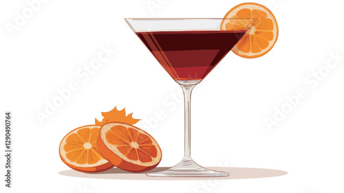 A digital illustration of a red cocktail in a martini glass.  An orange slice is used as a garnish on the rim of the glass. Two additional orange slices are placed at the base of the glass.